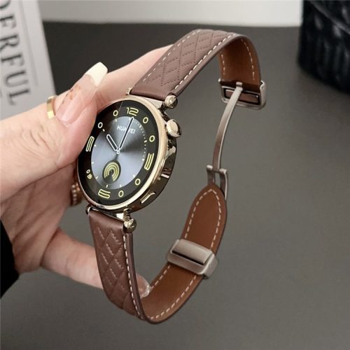 For Samsung Galaxy Watch3 45mm / Huawei Watch GT 4 46mm Watch Strap 22mm Genuine Cow Leather Magnetic Buckle Band - Coffee