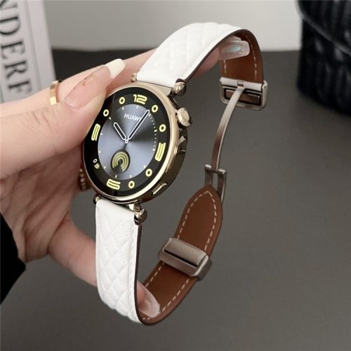 For Samsung Galaxy Watch3 45mm / Huawei Watch GT 4 46mm Watch Strap 22mm Genuine Cow Leather Magnetic Buckle Band - White