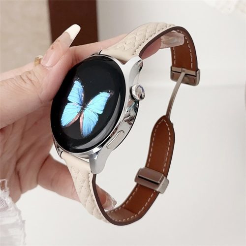 For Samsung Galaxy Watch3 45mm / Huawei Watch Ultimate Genuine Cow Leather 22mm Watch Band with Rhombus Pattern - Apricot