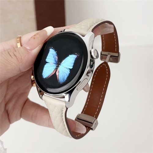 For Samsung Galaxy Watch3 45mm / Huawei Watch Ultimate Genuine Cow Leather 22mm Watch Band with Rhombus Pattern - Beige