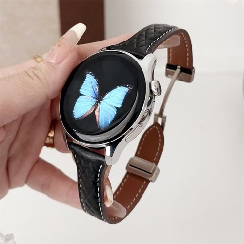 For Samsung Galaxy Watch3 45mm / Huawei Watch Ultimate Genuine Cow Leather 22mm Watch Band with Rhombus Pattern - Black