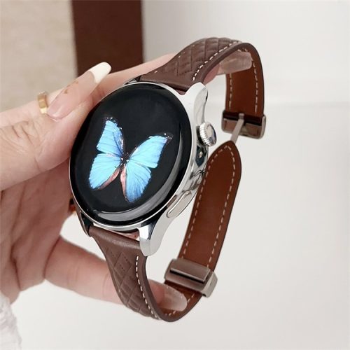 For Samsung Galaxy Watch3 45mm / Huawei Watch Ultimate Genuine Cow Leather 22mm Watch Band with Rhombus Pattern - Dark Brown