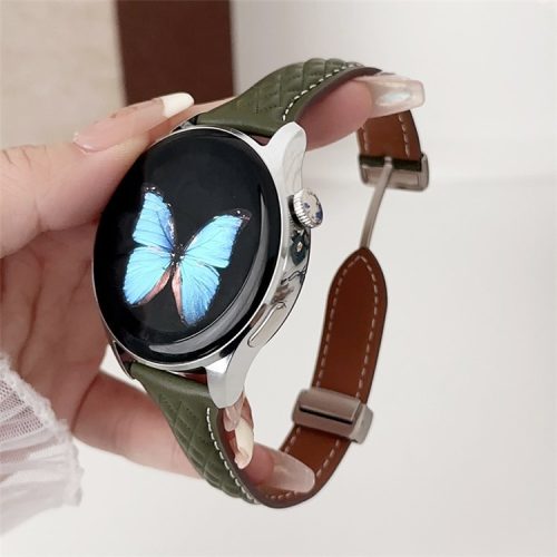 For Samsung Galaxy Watch3 45mm / Huawei Watch Ultimate Genuine Cow Leather 22mm Watch Band with Rhombus Pattern - Green