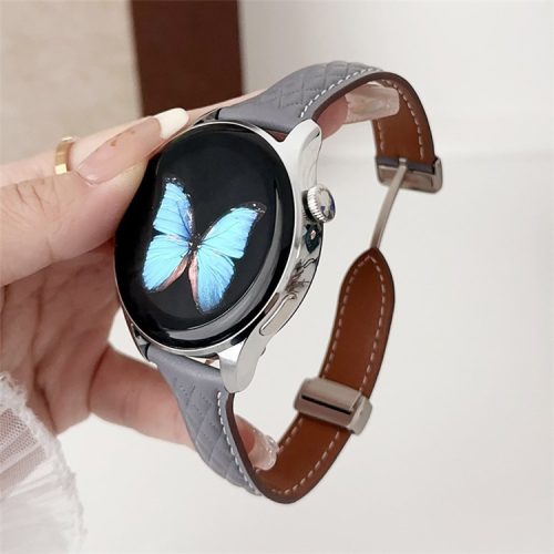 For Samsung Galaxy Watch3 45mm / Huawei Watch Ultimate Genuine Cow Leather 22mm Watch Band with Rhombus Pattern - Grey