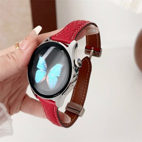 For Samsung Galaxy Watch3 45mm / Huawei Watch Ultimate Genuine Cow Leather 22mm Watch Band with Rhombus Pattern - Red