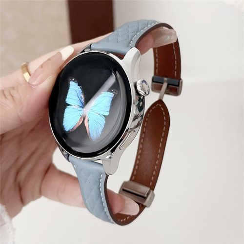 For Samsung Galaxy Watch3 45mm / Huawei Watch Ultimate Genuine Cow Leather 22mm Watch Band with Rhombus Pattern - Sky Blue