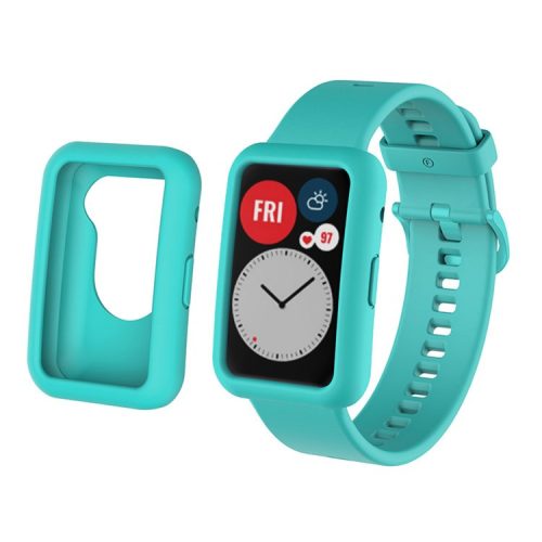 Silicone Watch Band for Huawei Watch Fit, Replacement Adjustable Wrist Strap + Anti-scratch Watch Case - Mint Green