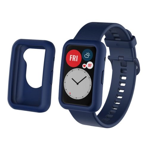 Silicone Watch Band for Huawei Watch Fit, Replacement Adjustable Wrist Strap + Anti-scratch Watch Case - Navy Blue